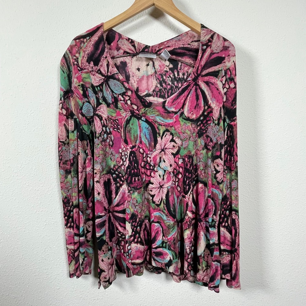 Chico's Floral V-Neck Long Sleeve Blouse in Pink, Black, Green